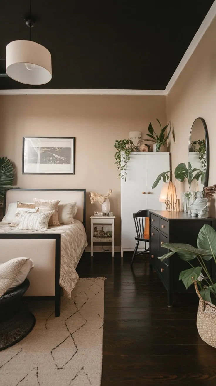 A black-and-beige bedroom's eclectic style is enhanced by soft lighting, plants, and carefully chosen furniture.