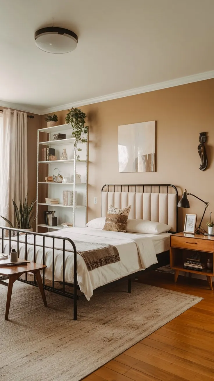 A beige and black palette creates a calming modern eclectic bedroom atmosphere enhanced by natural light and carefully chosen personal items.