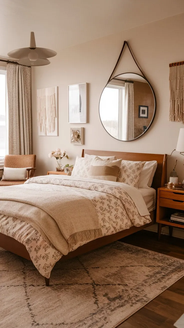 This modern eclectic bedroom's inviting atmosphere is achieved through a stylish mix of mid-century, bohemian, and industrial design elements.