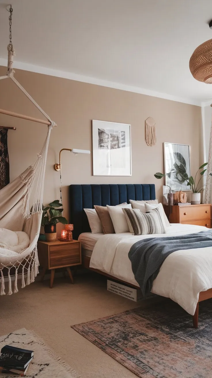 A navy velvet headboard anchors a cozy modern eclectic bedroom blending mid-century, industrial, and bohemian styles for a unique and inviting space