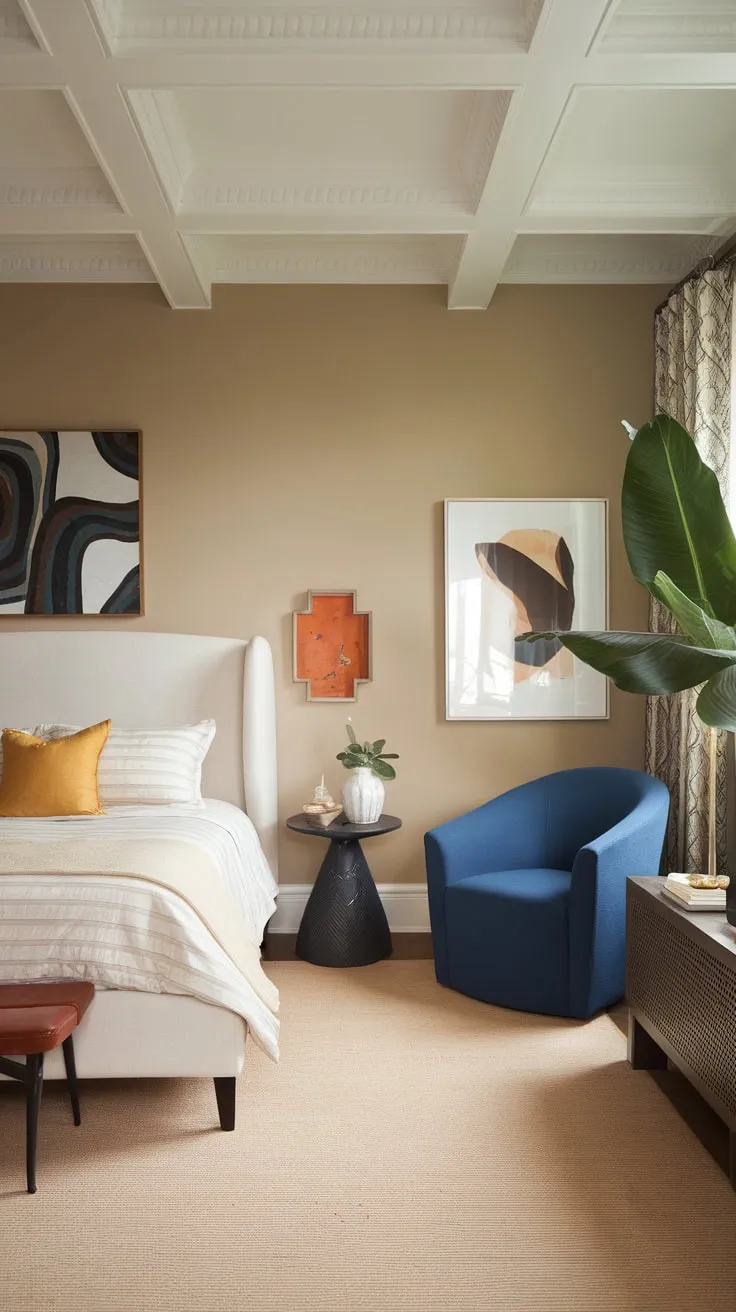 White moldings and a large plant accentuate the inviting atmosphere of this eclectic queen-sized bedroom.