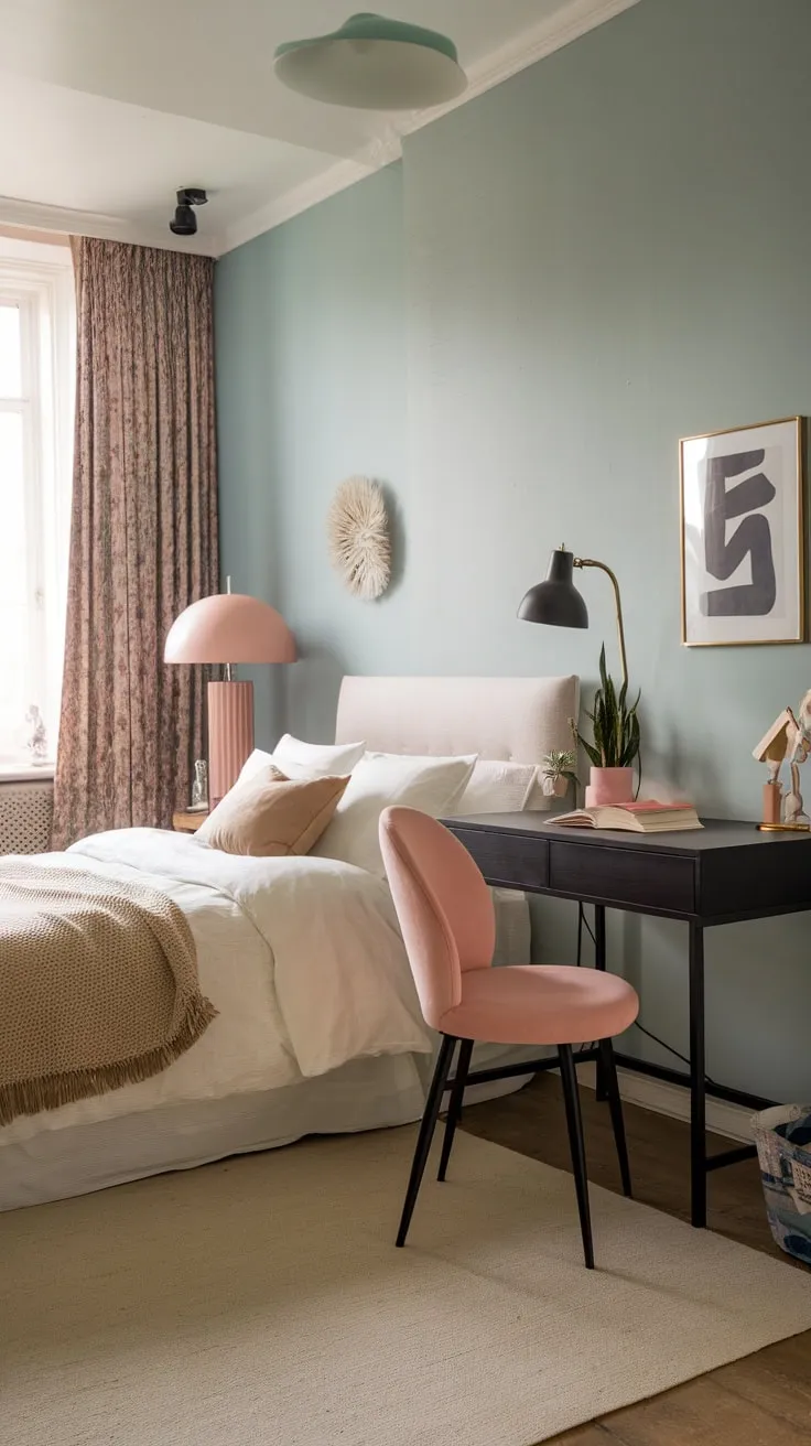 Light blue accents and a beige rug complete the calming, eclectic space.