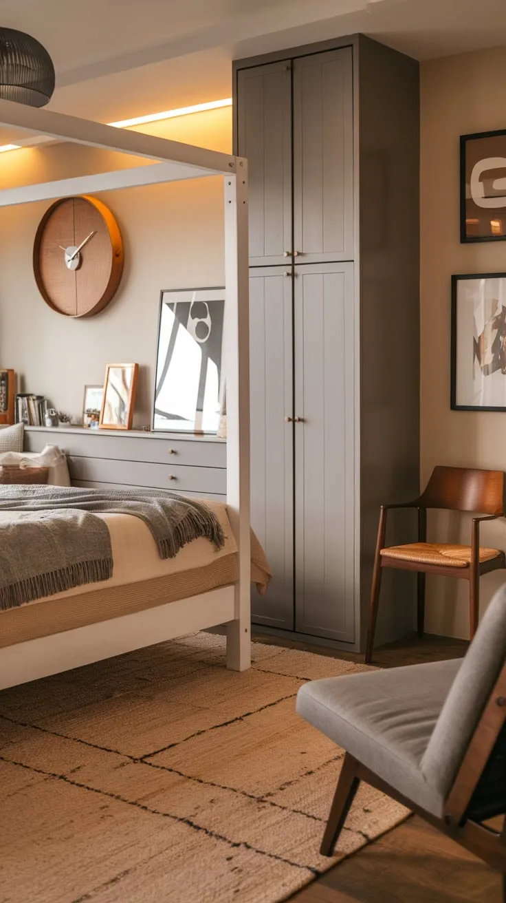 A calming gray and beige palette complements the wooden accents and artwork in this inviting modern eclectic bedroom.
