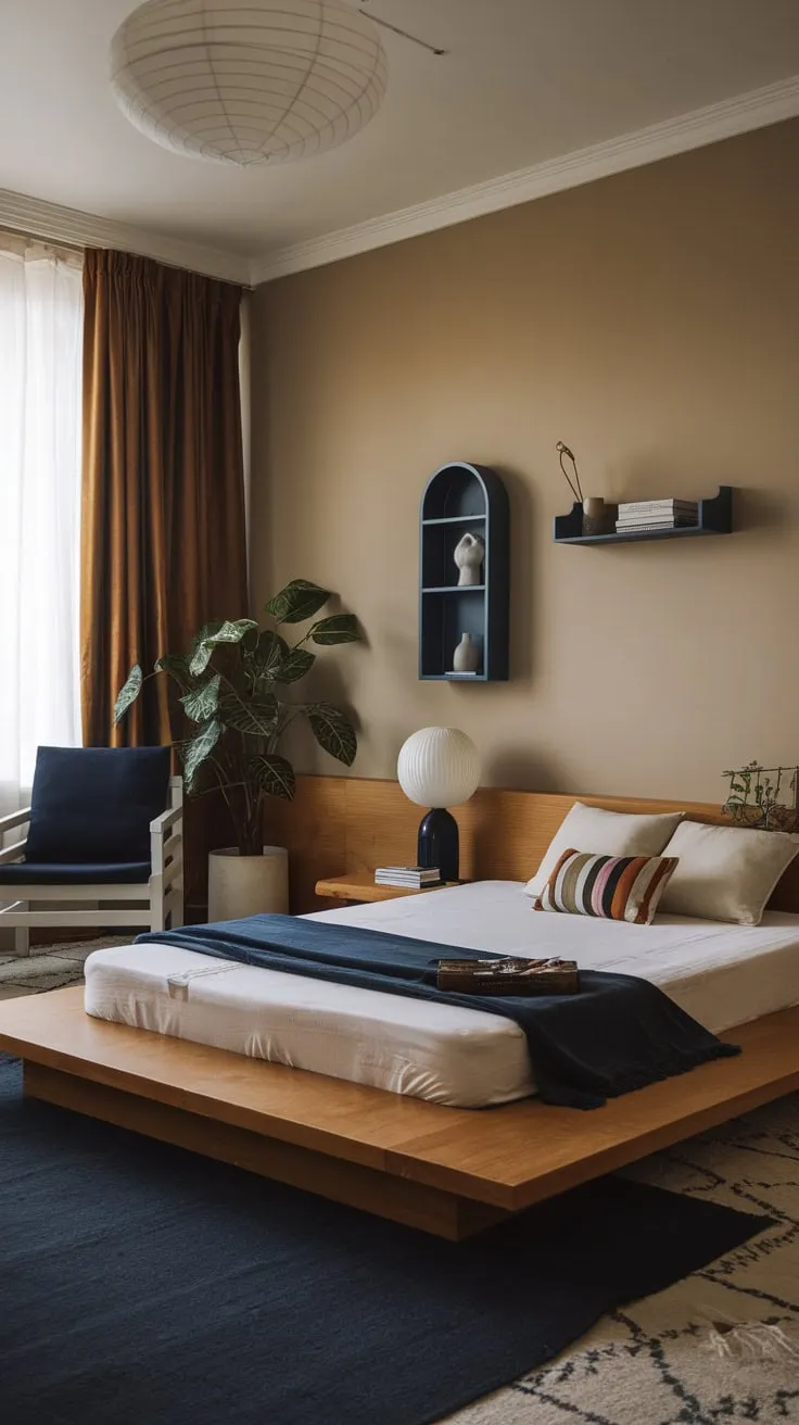 Dark blue accents and a wooden platform bed create a calming and stylish modern eclectic bedroom retreat.