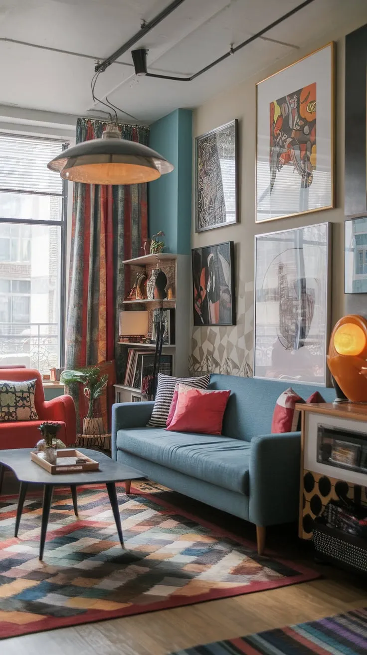 This modern eclectic living room bursts with personality.  Eclectic art prints and playful modern interior design elements create a vibrant and inspiring space.  The retro modern interior, perfect for living room inspiration, showcases colorful modern apartment decor in a surprisingly spacious studio apartment.  A testament to the power of eclectic design in a colorful modern home.
