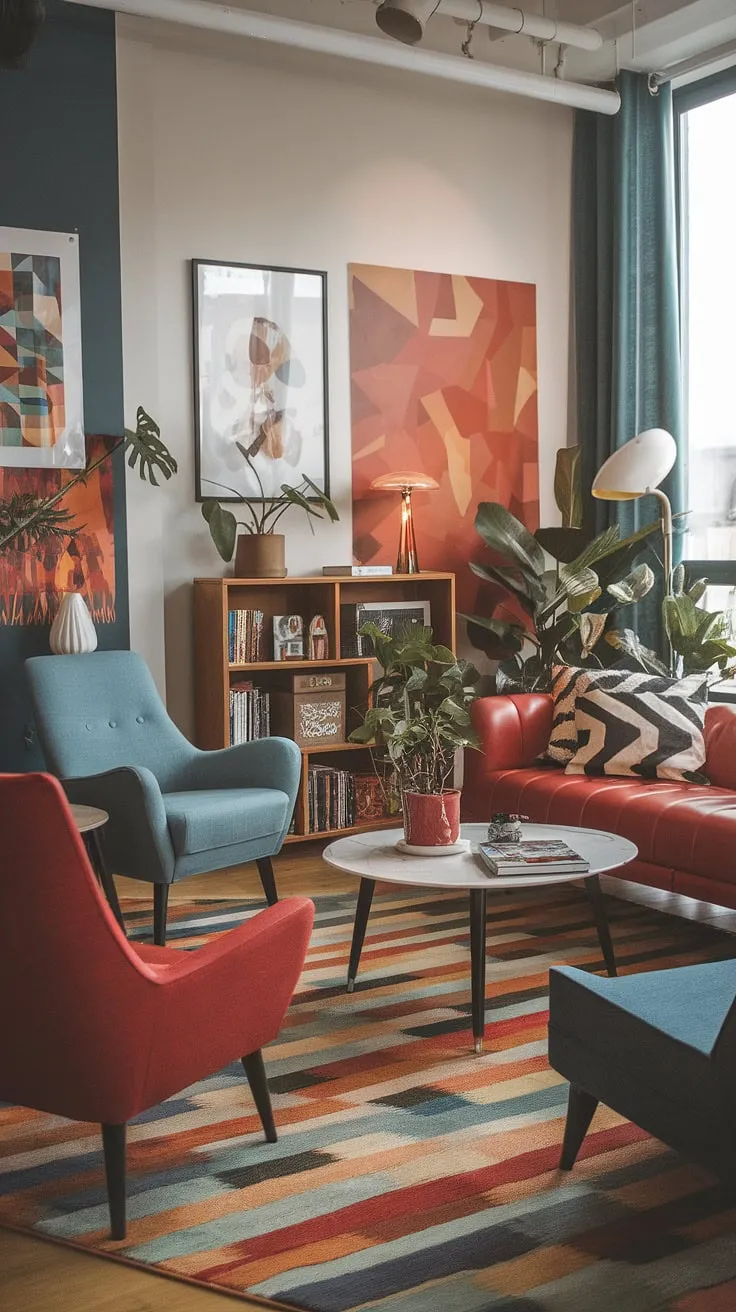 This playful modern interior design showcases the best of eclectic style.  The colorful modern home features a vibrant mix of retro modern furniture and eclectic art prints, creating a living room inspiration eclectic enough for a studio apartment, yet sophisticated enough for a larger space.  A true example of modern eclectic living room and eclectic design living room ideas, this space proves that colorful modern apartment decor can be both fun and functional.