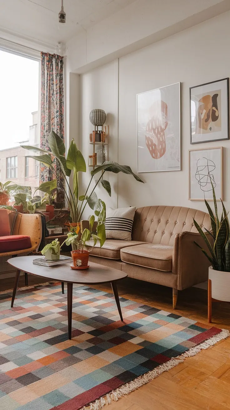Modern eclectic living room goals! This retro modern interior boasts a vibrant rug, eclectic design living room elements, and pops of green, making it the perfect example of modern colorful apartment decor.  Studio apartment ideas don't get much more inspiring than this.