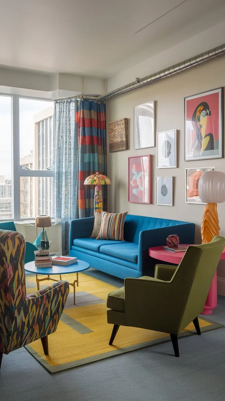 Studio apartment ideas don't get more exciting than this!  The eclectic design living room is a masterclass in modern colorful apartment decor, blending retro modern interior elements with a bold, colorful scheme.  The result? A truly unique and inspiring modern eclectic living room.
