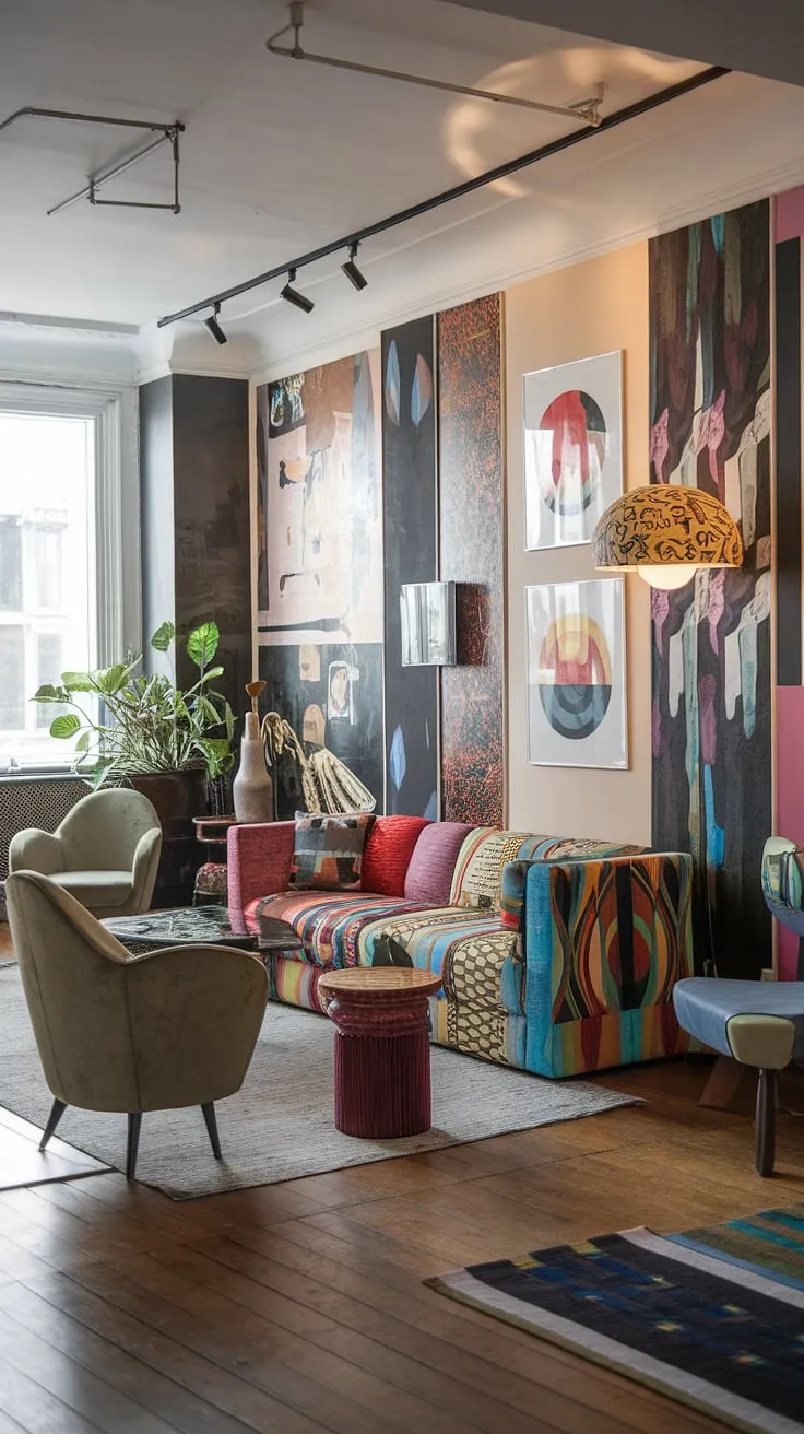This playful modern interior design bursts with personality, showcasing eclectic art prints and a vibrant color palette perfect for living room inspiration.  The retro modern interior elements blend seamlessly with modern eclectic living room style, offering a fresh take on studio apartment ideas for a colorful modern home.