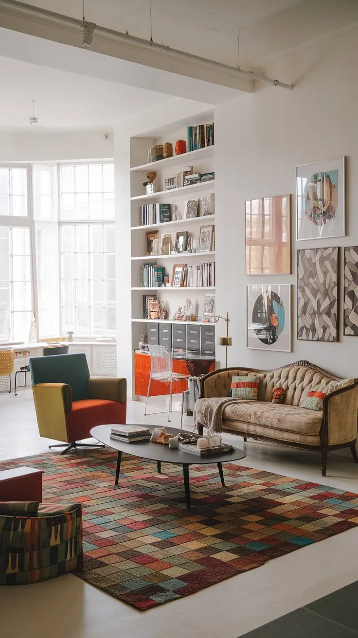 This playful modern interior design showcases the best of eclectic style.  The colorful modern home features a vintage sofa, retro modern armchair, and eclectic art prints, creating a living room inspiration eclectic homeowners will adore.  Perfect for studio apartment ideas, this modern eclectic living room proves that even a smaller space can be brimming with personality.