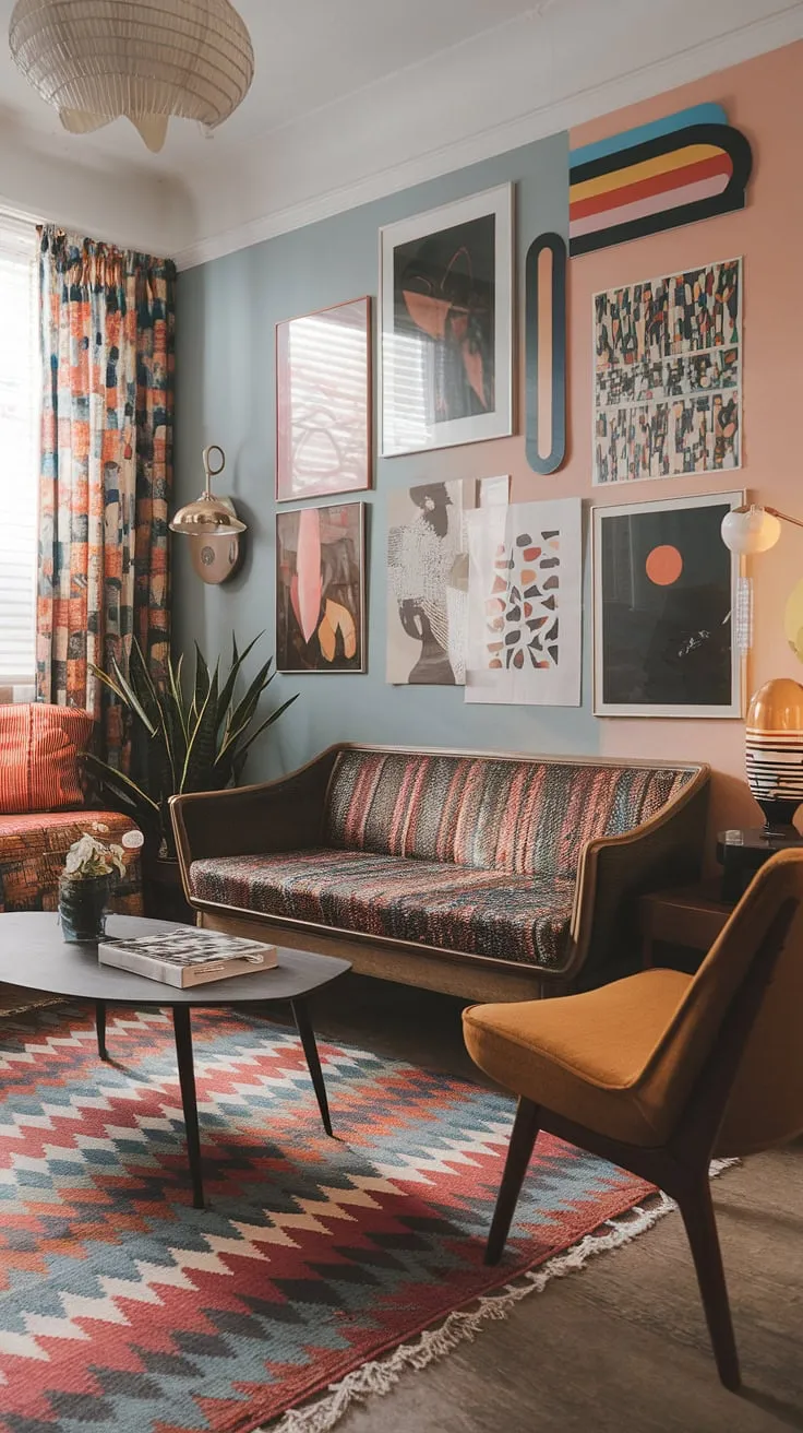Bright pops of color and unique art pieces define this modern colorful apartment decor.  A blend of retro modern interior elements and carefully curated eclectic art prints creates a vibrant and inspiring modern eclectic living room. This living room inspiration eclectically blends style and functionality, offering studio apartment ideas for maximizing space and personality.