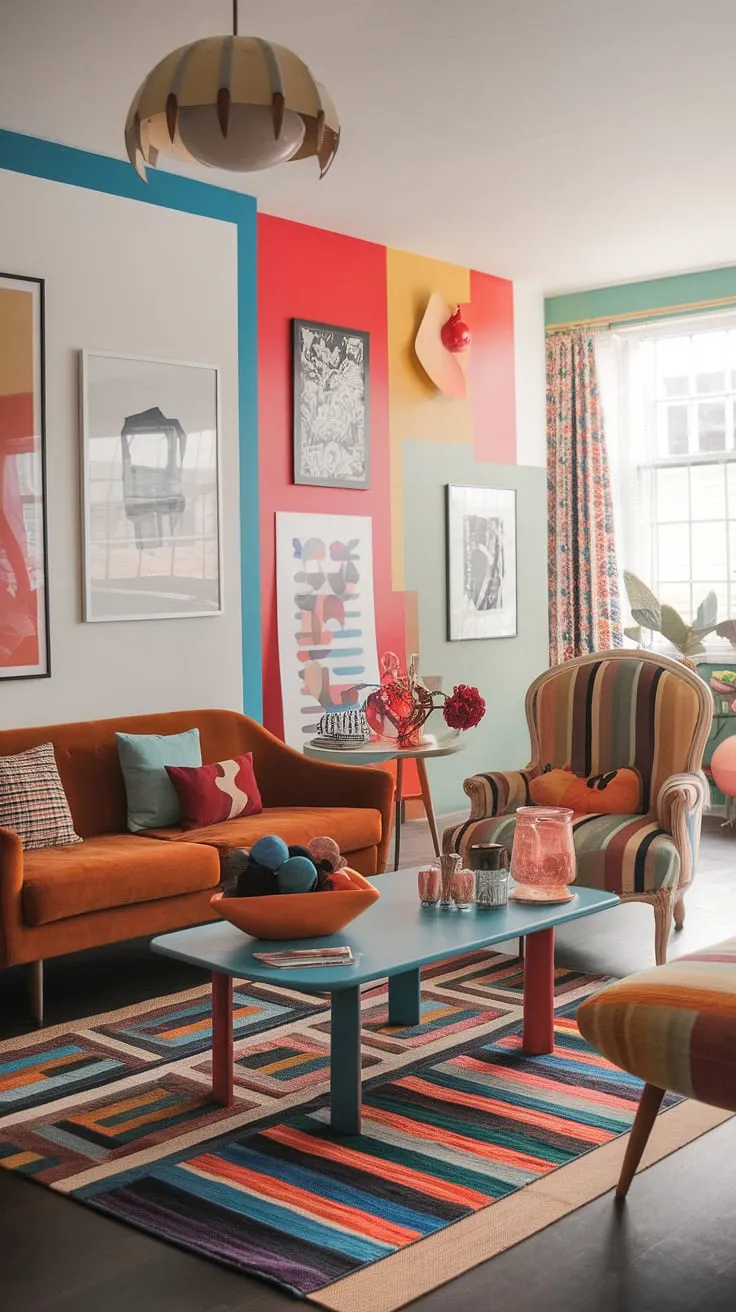 This colorful modern apartment decor exemplifies modern eclectic living room design at its finest.  The retro modern interior is a playful blend of furniture styles – from mid-century modern sofas to Victorian chairs – all brought together with eclectic art prints and a patterned rug.  Find your next living room inspiration eclectic in this stunning space, perfect for studio apartment ideas.