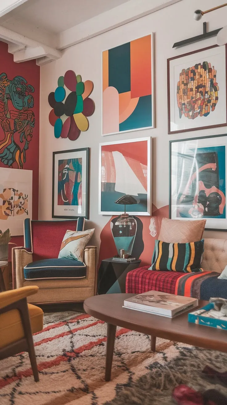A colorful modern apartment decor dream! This modern eclectic living room is a masterclass in eclectic design living room style.  Studio apartment ideas come alive with playful pops of color and carefully curated eclectic art prints, creating a retro modern interior that's both stylish and surprisingly spacious.