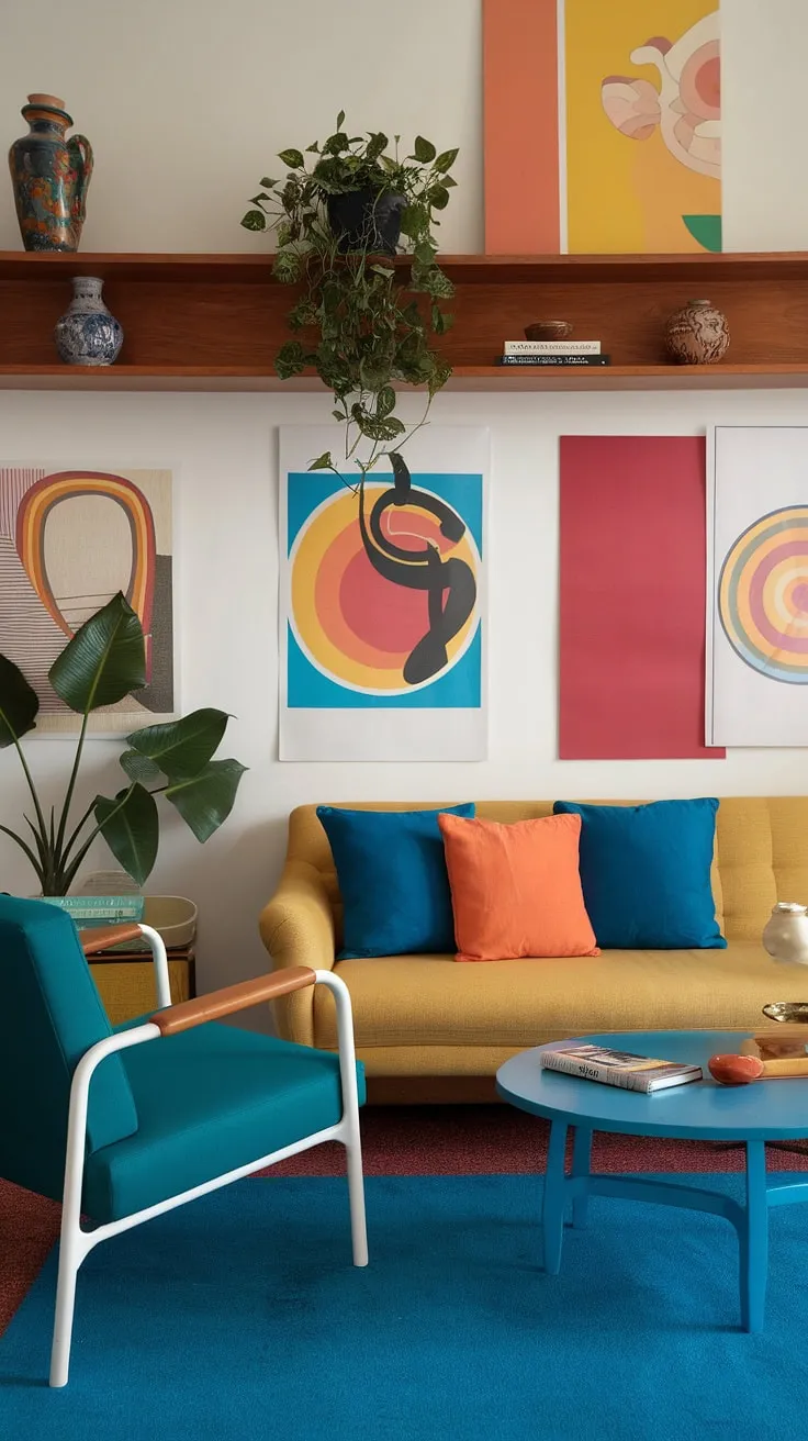 Step into a world of vibrant color and eclectic style. This modern eclectic living room showcases a playful modern interior design, blending retro modern interior elements with bold, eclectic art prints.  The colorful modern home decor, including the statement yellow sofa and blue rug, provides ample living room inspiration eclectic, making it ideal for studio apartment ideas or anyone seeking a unique and expressive space.