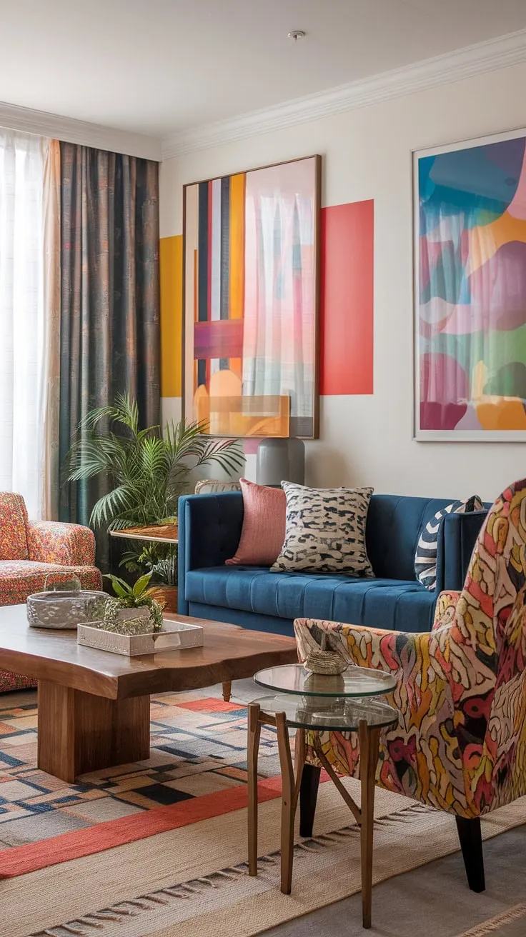 This playful modern interior design bursts with personality, showcasing eclectic art prints and a vibrant color palette perfect for living room inspiration.  The retro modern interior elements blend seamlessly with modern eclectic living room style, offering a wealth of studio apartment ideas for a colorful modern home.