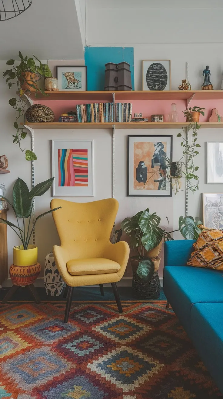 This playful modern interior design bursts with personality.  Eclectic art prints and colorful modern home accents create a vibrant, living room inspiration eclectic vibe perfect for a studio apartment; a true modern eclectic living room showcasing eclectic design living room at its finest.  Retro modern interior details add a touch of vintage charm.
