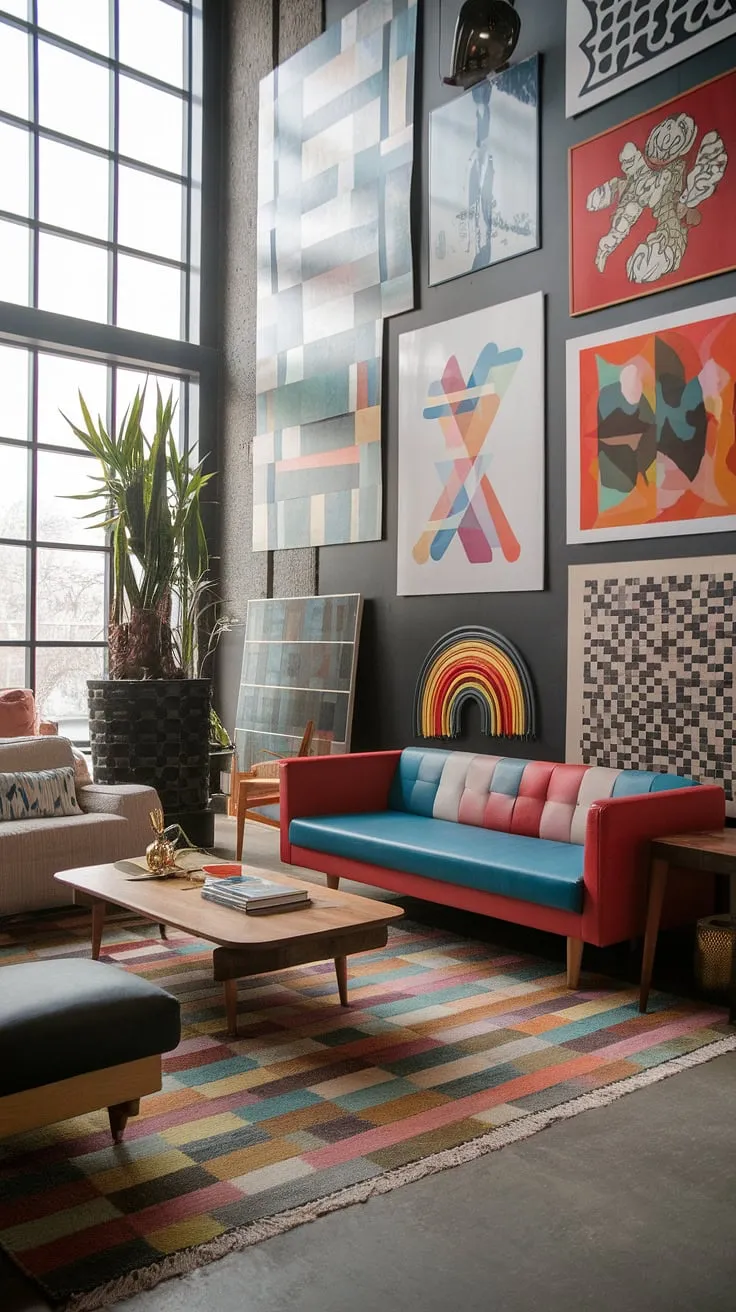 Step into this colorful modern apartment decor, a stunning example of eclectic design living room.  The high ceilings and large windows amplify the feeling of spaciousness in this modern eclectic living room.  Retro modern interior elements blend seamlessly with eclectic art prints, offering a fresh take on living room inspiration eclectic.  This is playful modern interior design at its finest.