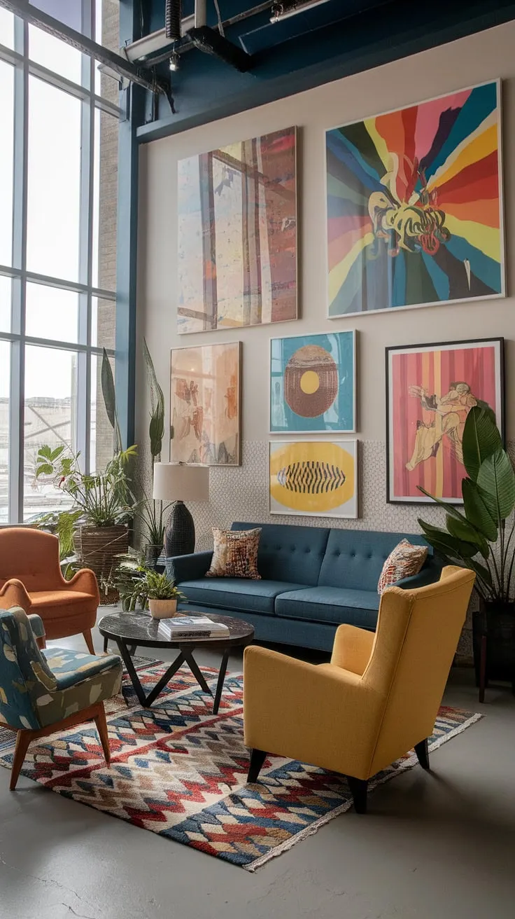 This modern eclectic living room bursts with personality.  Eclectic art prints and playful modern interior design elements create a vibrant, colorful modern home, perfect for living room inspiration.  The retro modern interior feels both spacious and cozy, offering great studio apartment ideas for those seeking a colorful modern apartment decor with eclectic design.