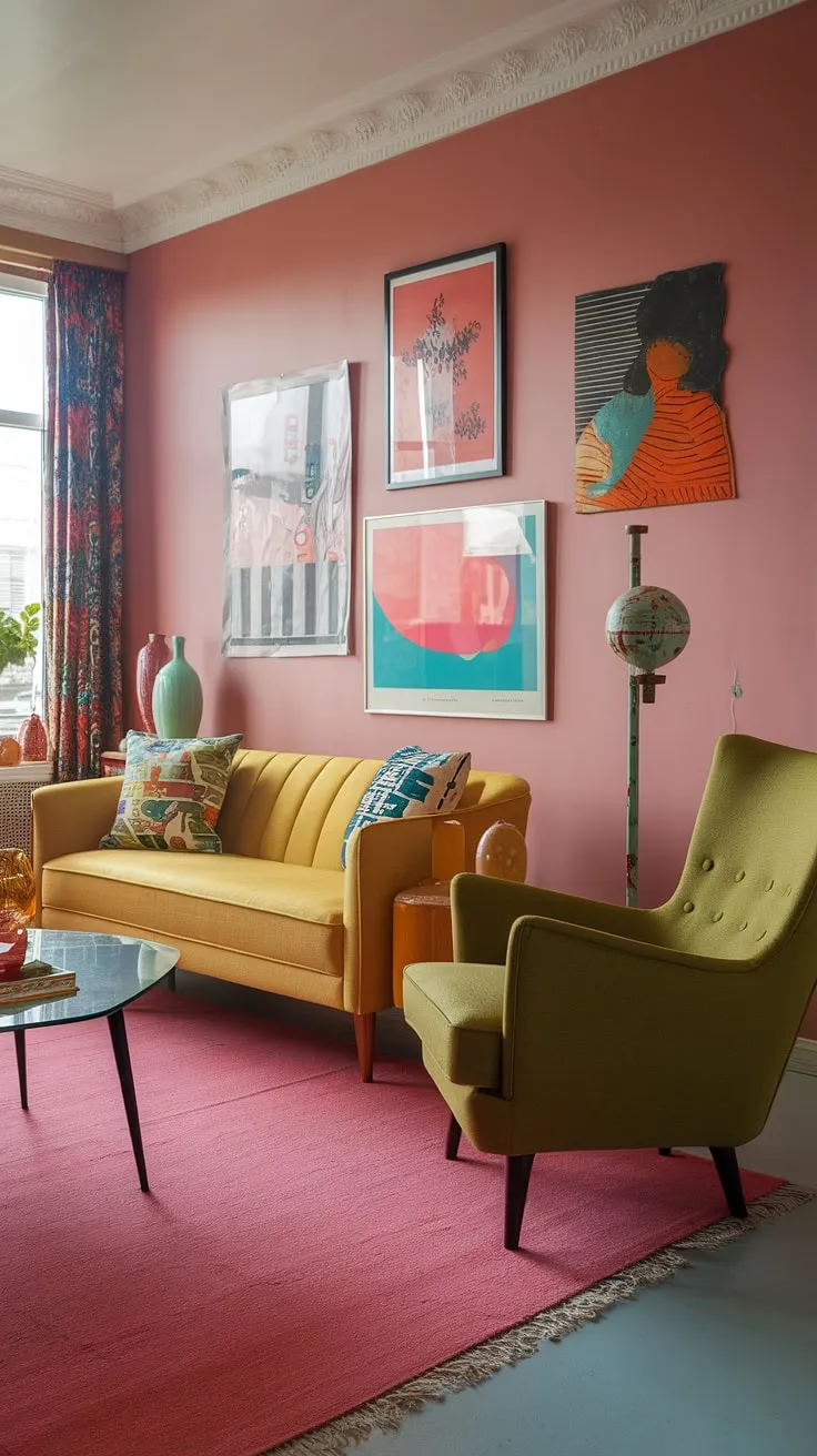 This playful modern interior design showcases the best of eclectic style.  The colorful modern home features eclectic art prints and retro modern furniture, offering living room inspiration eclectic enough for a studio apartment, yet sophisticated enough for a larger space.  It's the perfect example of a modern eclectic living room and eclectic design living room combined.
