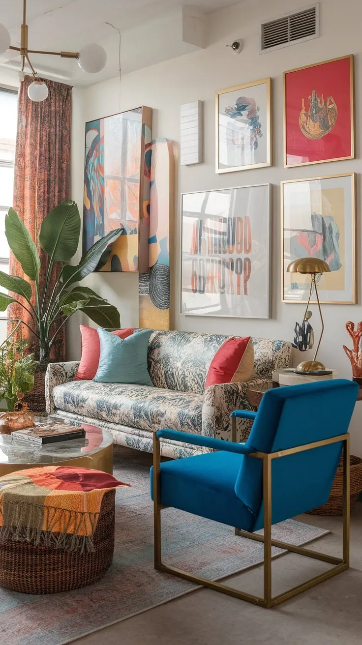 This playful modern interior design bursts with personality.  Eclectic art prints and colorful modern home accents create a vibrant, living room inspiration eclectic vibe perfect for a studio apartment; a true example of modern eclectic living room style and eclectic design living room ideas.