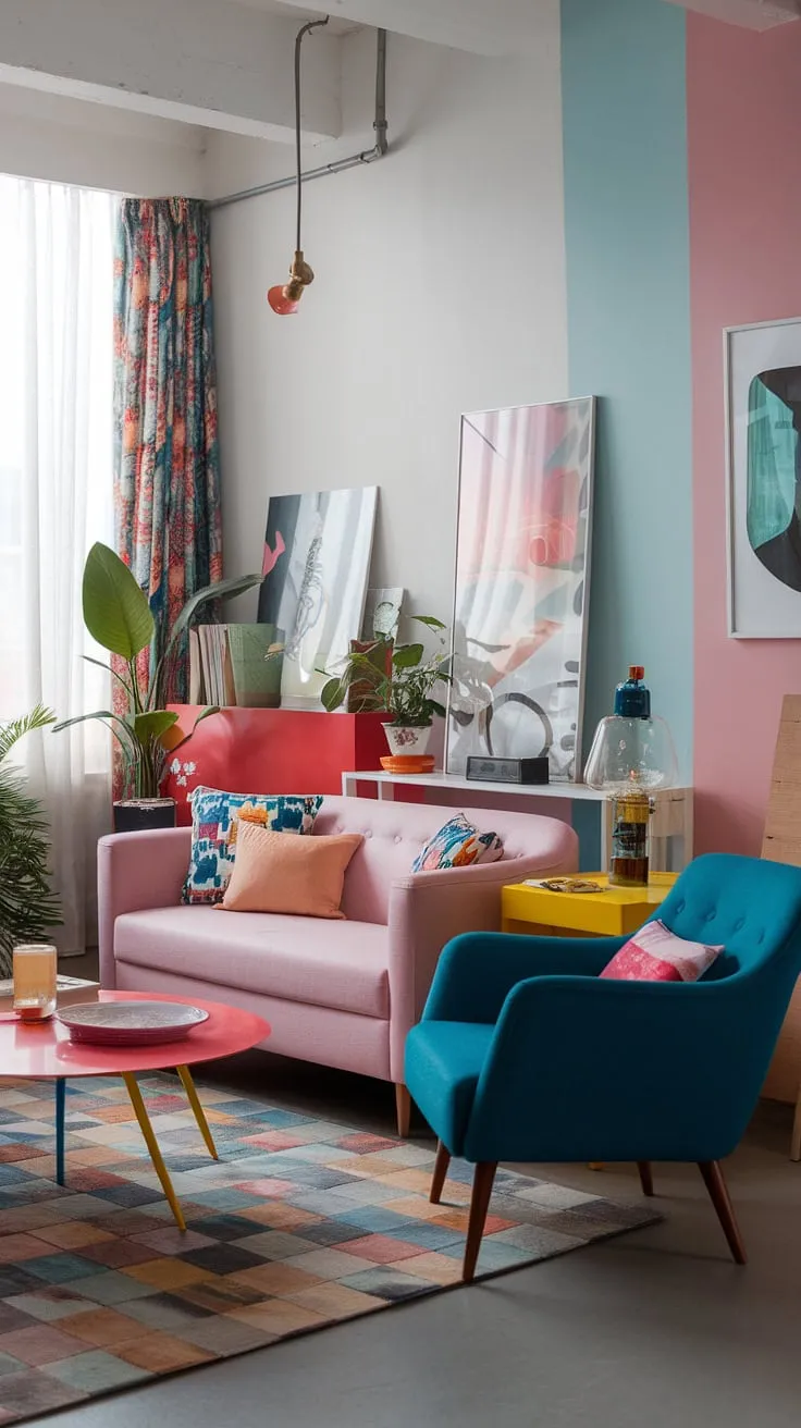 A modern colorful apartment decor dream! This eclectic design living room proves that a small space can be big on style.  The mix of eclectic art prints and retro modern interior pieces creates a unique and inspiring modern eclectic living room, brimming with living room inspiration eclectic and perfect for those seeking studio apartment ideas.