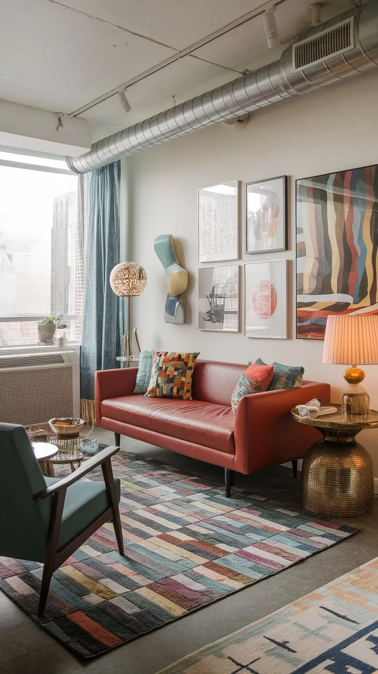 This playful modern interior design bursts with personality, showcasing eclectic art prints and a vibrant color palette perfect for living room inspiration.  The retro modern interior elements blend seamlessly with modern eclectic living room style, offering a fresh take on studio apartment ideas for a colorful modern home.
