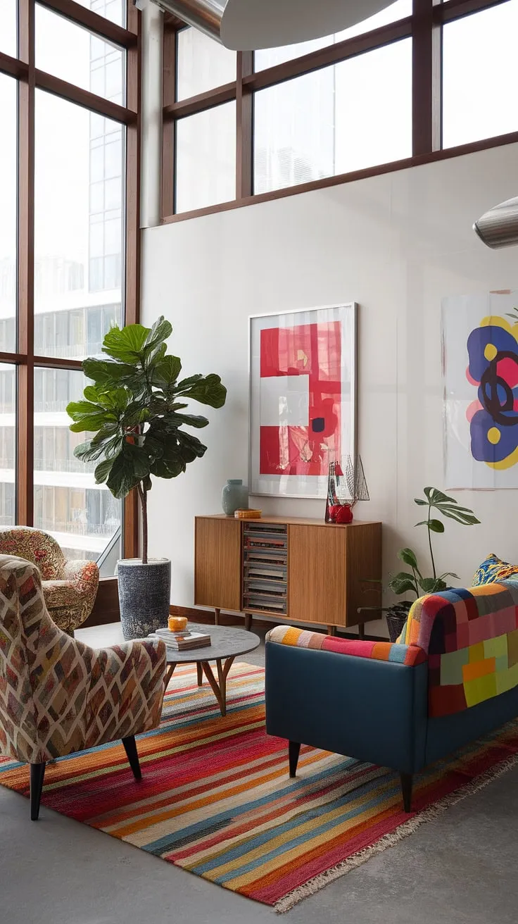 Step into this modern eclectic living room, where retro modern interior details meet a colorful modern apartment decor.  The patterned armchair, colorful rug, and eclectic art prints contribute to a unique and playful atmosphere.  This living room inspiration eclectic demonstrates how to create a vibrant and cozy space, even in a smaller studio apartment ideas.