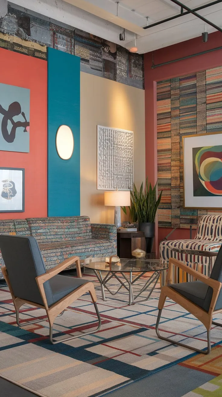 This playful modern interior design bursts with personality, showcasing eclectic art prints and a vibrant color palette perfect for living room inspiration.  The retro modern interior elements blend seamlessly with modern eclectic living room style, offering a fresh take on studio apartment ideas for a colorful modern home.
