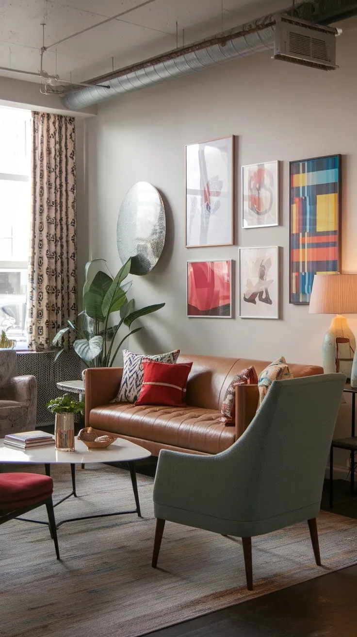 Step into a world of colorful modern apartment decor with this eclectic design living room.  The retro modern interior is brimming with personality, making it the ultimate living room inspiration eclectic.  From the eclectic art prints to the carefully curated furniture, this space proves that playful modern interior design can be both sophisticated and fun.