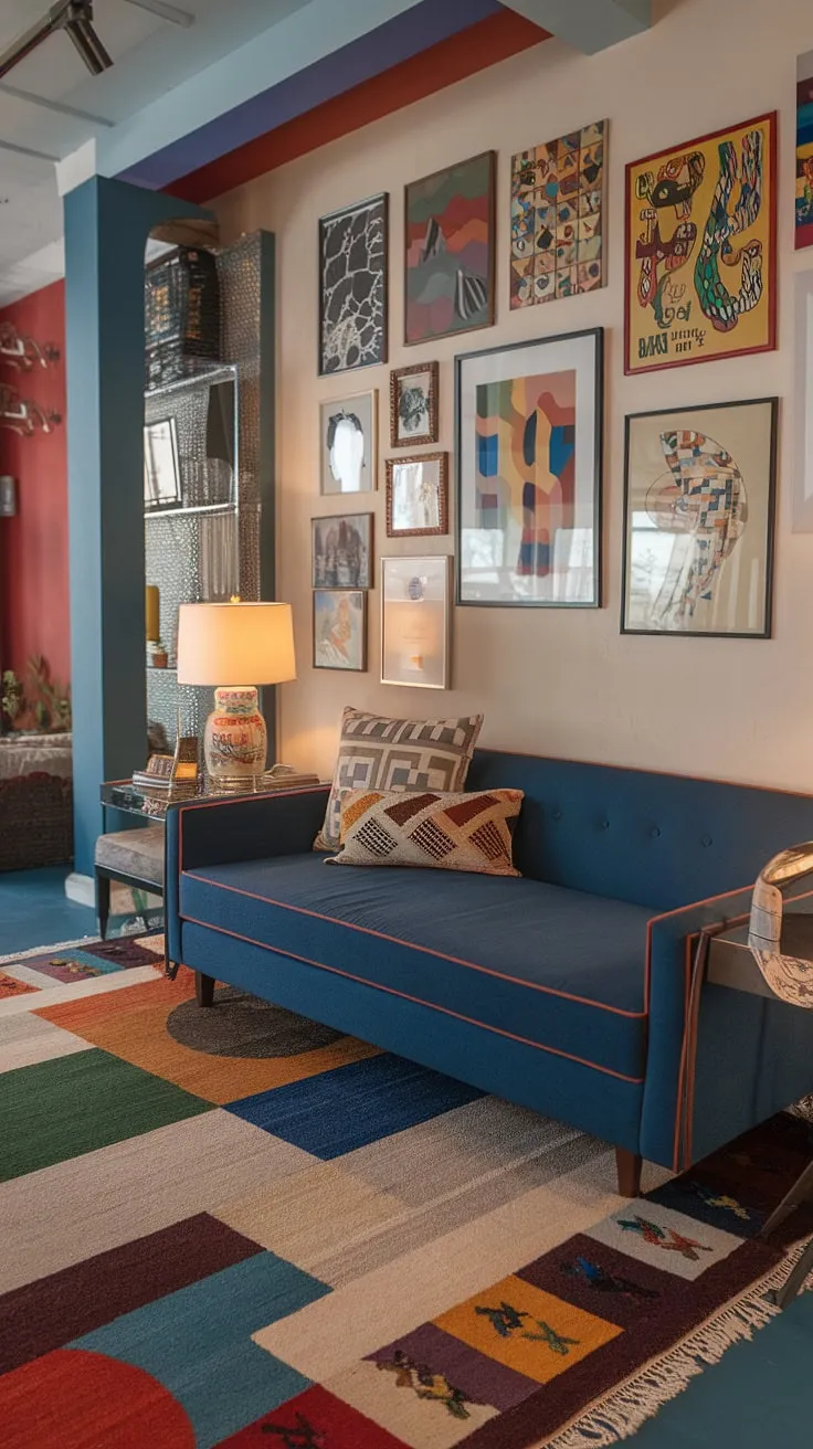 This modern eclectic living room bursts with personality.  Eclectic design elements, playful modern furniture, and colorful accents create a vibrant and inspiring space.  The retro modern interior is perfectly balanced with eclectic art prints, offering a wealth of living room inspiration for even the smallest studio apartment ideas.  A colorful modern home doesn't get much better than this.
