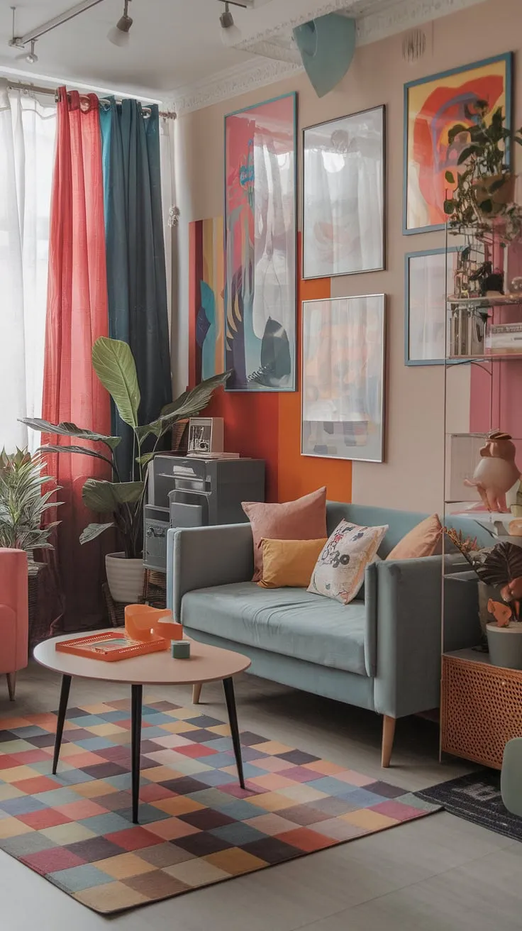 This playful modern interior design showcases the best of eclectic style.  The colorful modern home features eclectic art prints and retro modern furniture, offering living room inspiration eclectic enough for a studio apartment, yet sophisticated enough for a larger space.  It's the perfect example of a modern eclectic living room and eclectic design living room, all in one vibrant space.