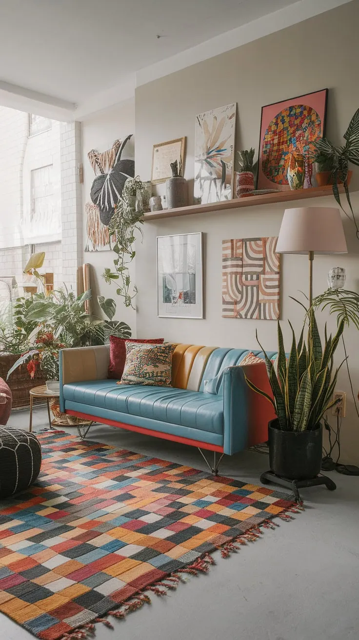 This playful modern interior design bursts with personality!  The eclectic design living room, a vibrant mix of retro modern furniture and eclectic art prints, offers living room inspiration eclectic homeowners will adore.  Perfect for a colorful modern home or even studio apartment ideas, this space proves that modern eclectic living room style can be both chic and cheerful.