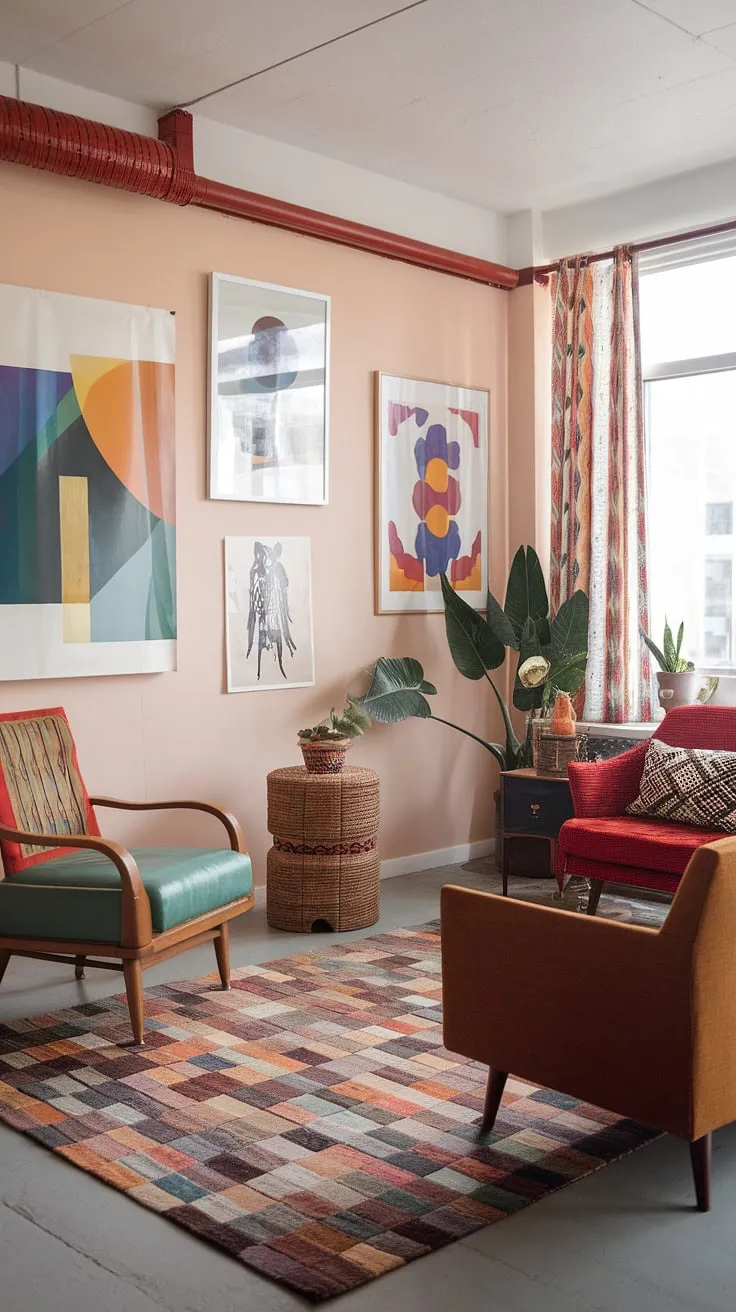 A modern colorful apartment decor dream! This eclectic design living room proves that a small space can be big on style.  The mix of eclectic art prints and retro modern interior pieces creates a unique and inspiring modern eclectic living room, brimming with living room inspiration eclectic.