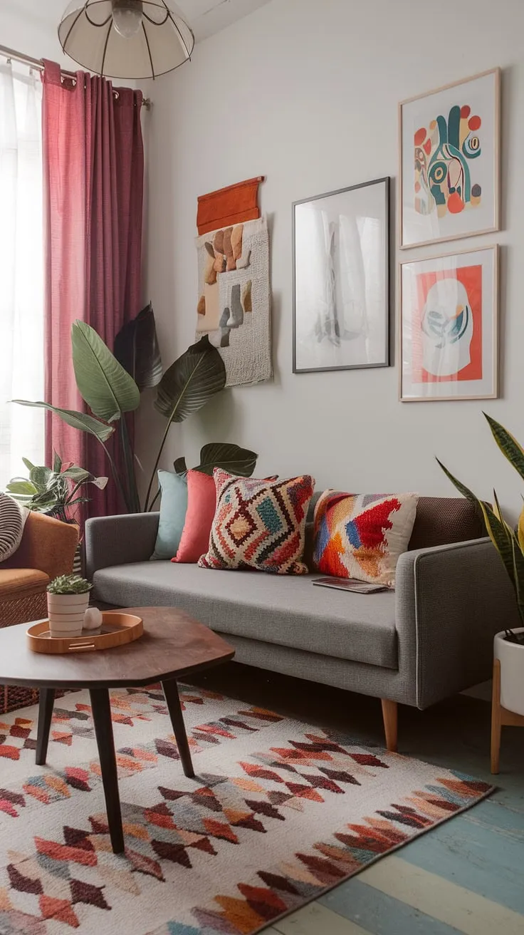 Step into this colorful modern apartment decor, a stunning example of eclectic design living room.  The modern eclectic living room boasts a playful vibe with its eclectic art prints, comfortable sofa, and thoughtfully chosen accessories, offering plenty of studio apartment ideas for those seeking a unique and stylish space.