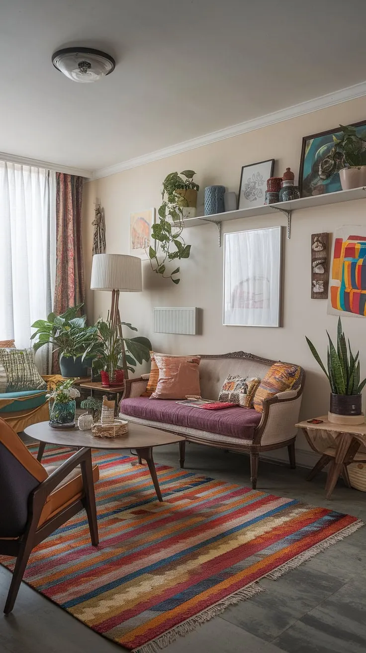 This playful modern interior design bursts with personality, showcasing eclectic art prints and a vibrant color palette perfect for living room inspiration.  The retro modern interior elements blend seamlessly with the modern eclectic living room style, offering a wealth of studio apartment ideas for a colorful modern home.