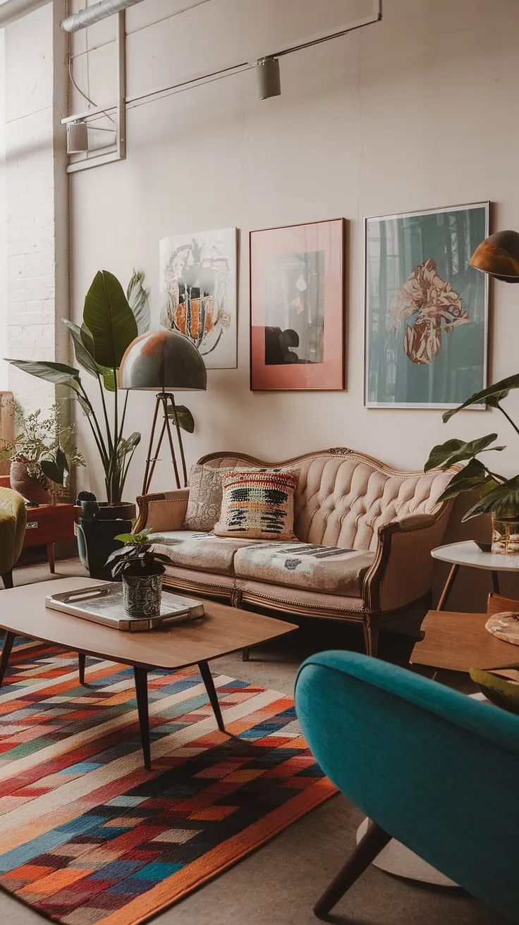 This playful modern interior design bursts with personality.  Eclectic art prints and colorful modern home accents create a vibrant, living room inspiration eclectic vibe perfect for a studio apartment, showcasing the best of modern eclectic living room and eclectic design living room styles.  The retro modern interior feels both fresh and nostalgic.