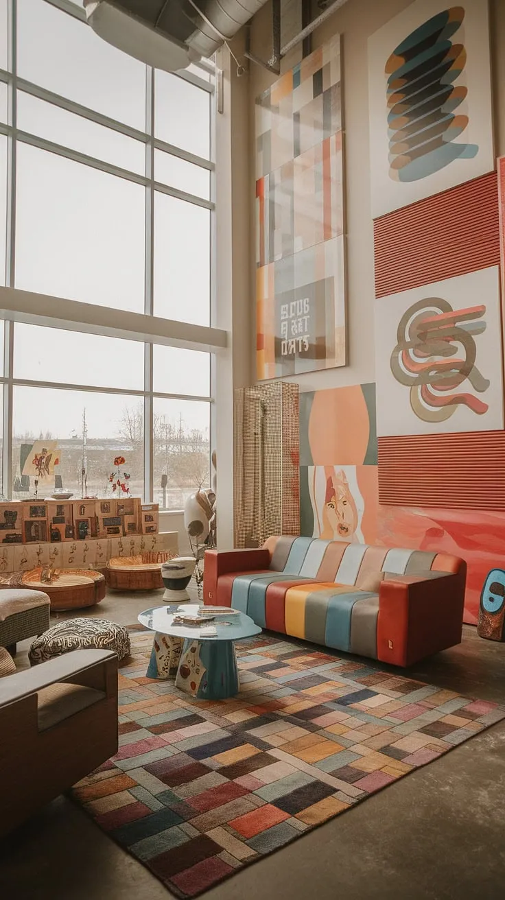 Step into this colorful modern apartment decor, a stunning example of eclectic design living room.  The retro modern sofa and eclectic art prints perfectly capture the spirit of a modern eclectic living room, making it the ultimate living room inspiration eclectic.  Ideal for studio apartment ideas, this space proves that playful modern interior design can be both stylish and functional.