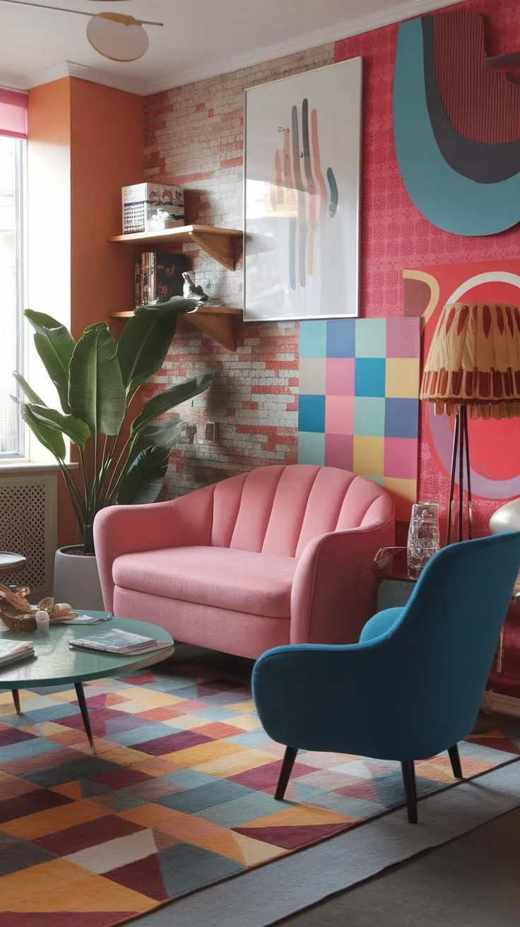 This modern eclectic living room bursts with personality.  Eclectic art prints and playful modern interior design elements create a vibrant, colorful modern home, perfect for living room inspiration.  The retro modern interior feels both spacious and cozy, offering great studio apartment ideas for those seeking a colorful, eclectic design living room.