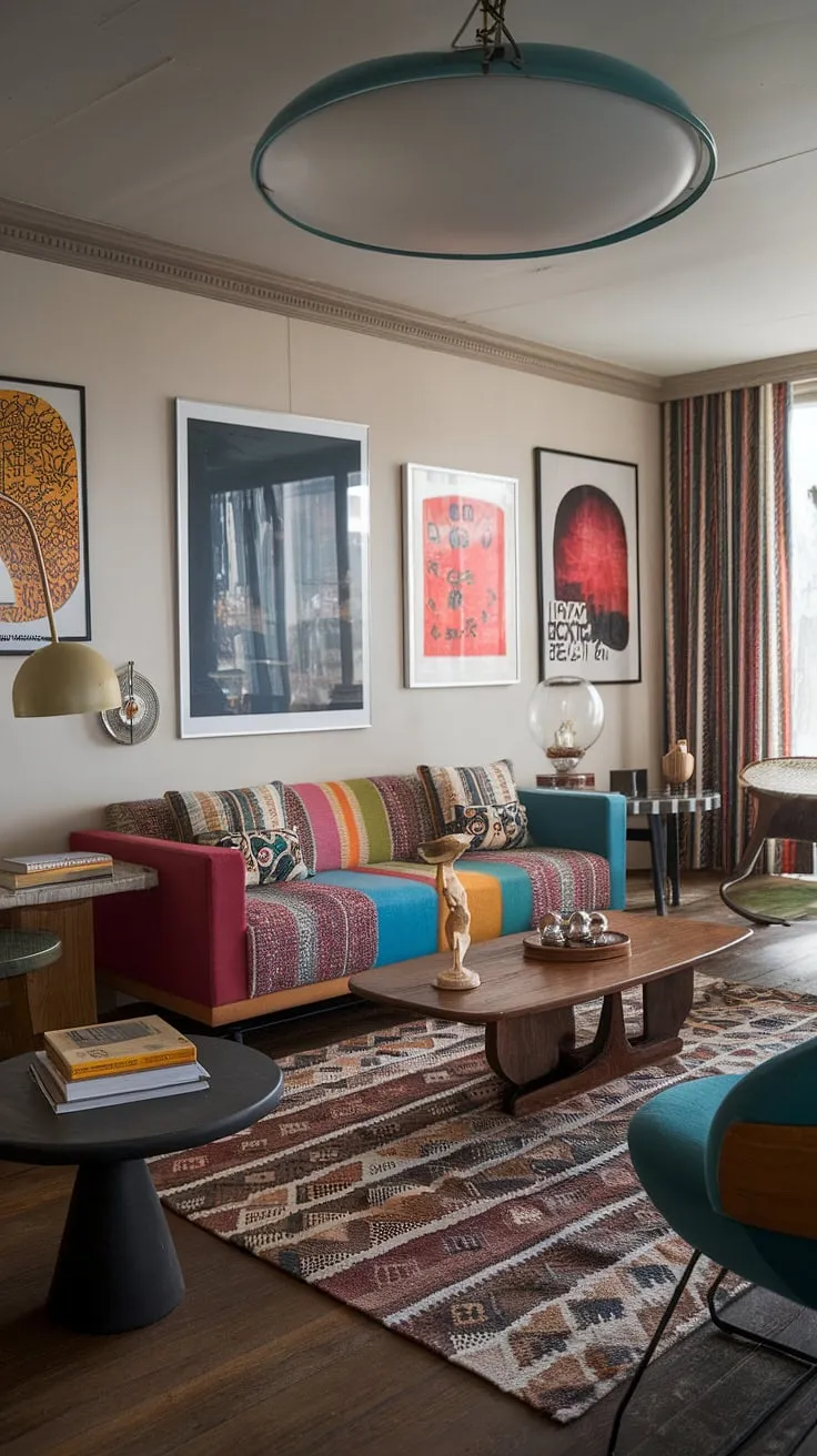 Step into this colorful modern apartment decor, a stunning example of eclectic design living room style. The modern eclectic living room features a curated mix of textures and patterns, creating a space that's both inviting and sophisticated.  This retro-modern interior is a testament to the power of playful modern interior design, offering ample living room inspiration eclectic souls will appreciate.