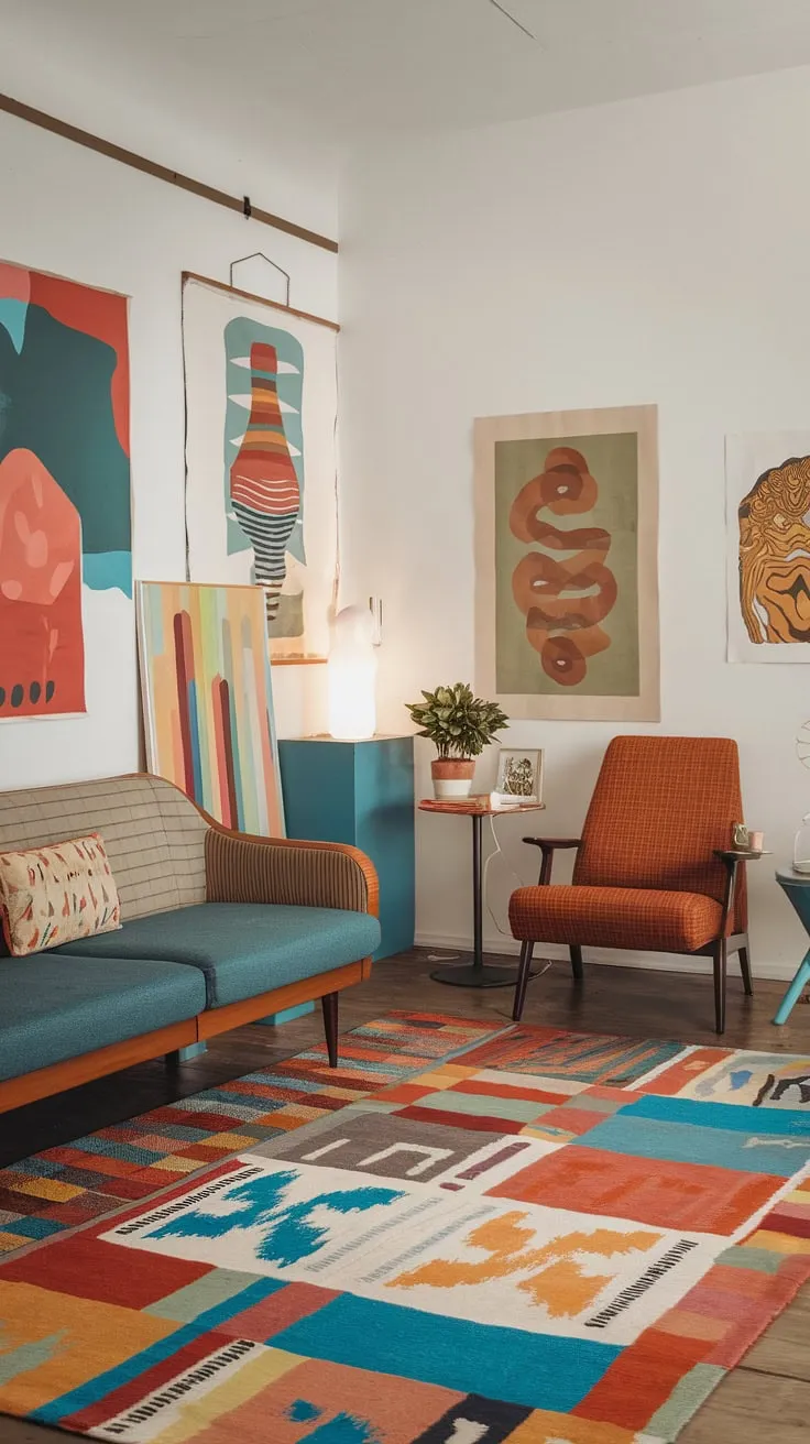 This playful modern interior design bursts with personality, showcasing eclectic art prints and a vibrant color palette perfect for living room inspiration.  The retro modern interior elements blend seamlessly with modern eclectic living room style, offering a fresh take on studio apartment ideas for a colorful modern home.