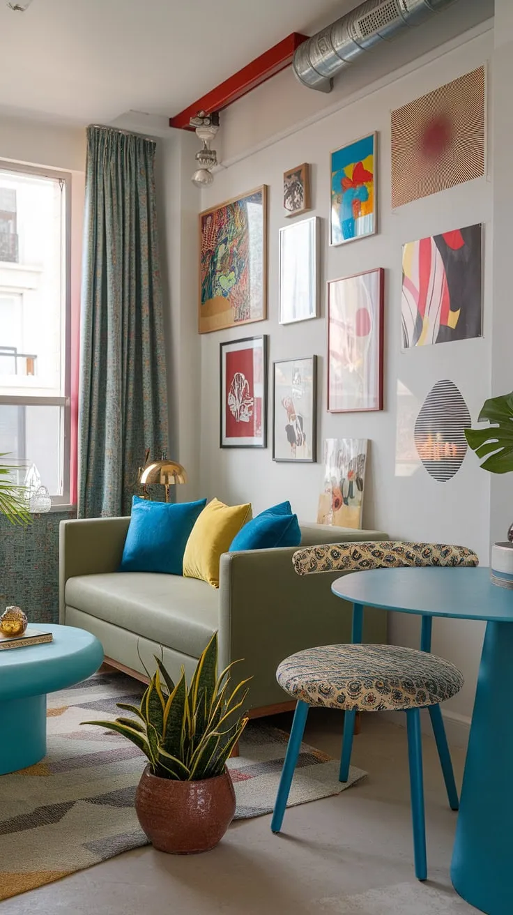 This playful modern interior design showcases a vibrant blend of retro modern and eclectic art prints, creating a colorful modern home perfect for living room inspiration.  The eclectic design living room, ideal for studio apartment ideas, offers a modern eclectic living room feel.