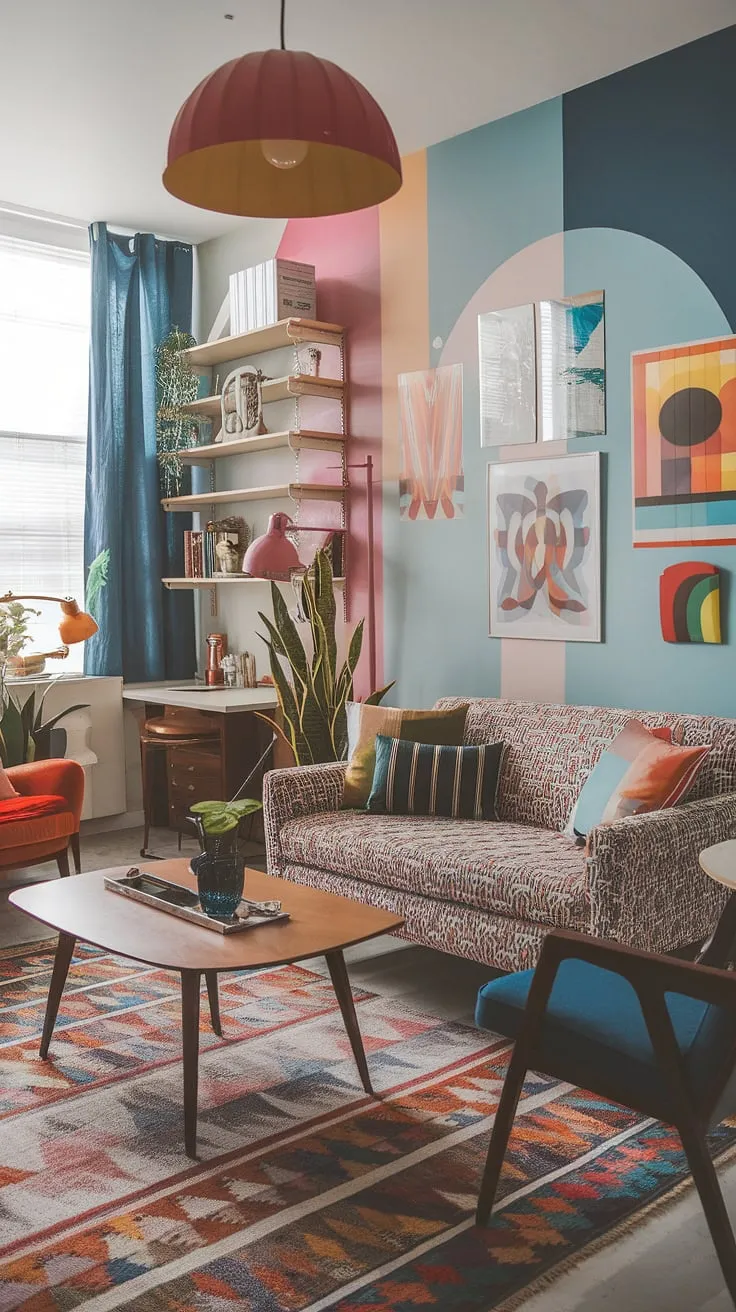 This colorful modern apartment decor showcases a playful modern interior design.  The modern eclectic living room blends retro and modern elements seamlessly, creating a welcoming and inspiring space.  Eclectic art prints and a bohemian rug add to the unique charm, making it the ultimate living room inspiration eclectic.