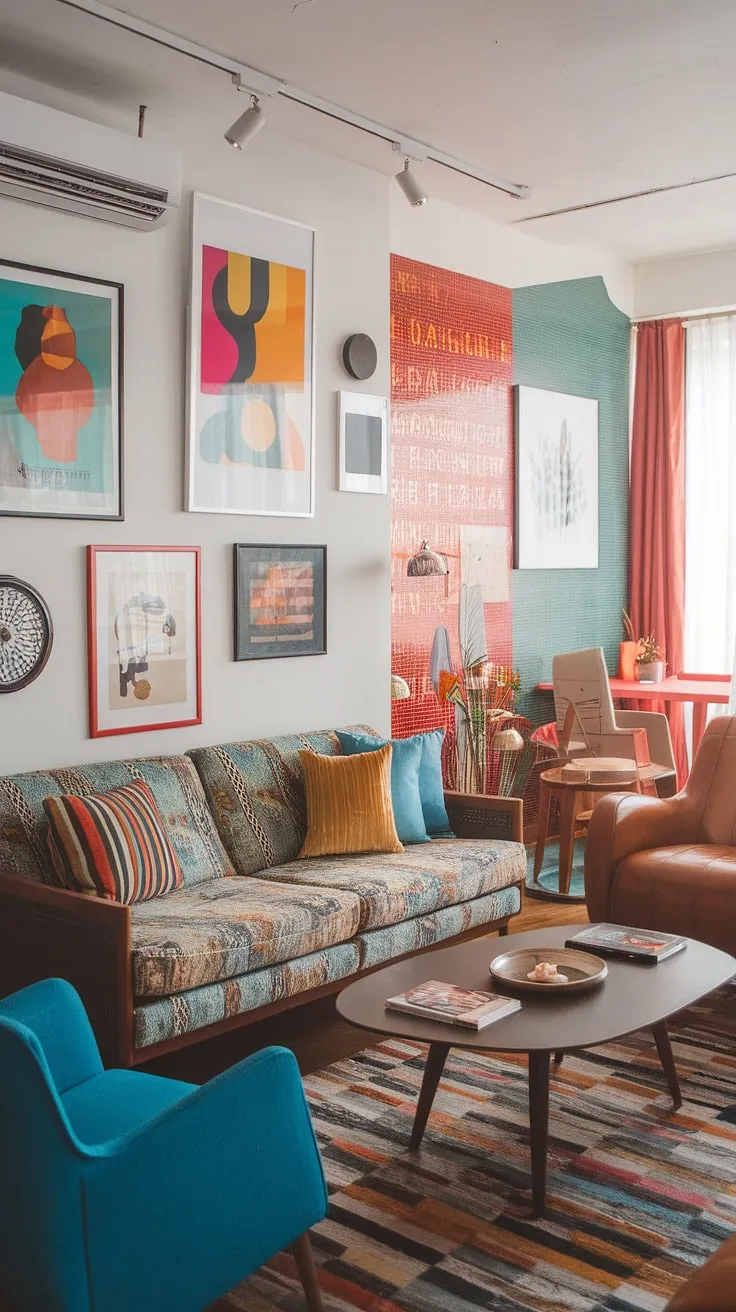 This playful modern interior design bursts with personality, showcasing eclectic art prints and a vibrant color palette perfect for living room inspiration.  The retro modern interior elements blend seamlessly with modern eclectic living room style, offering a fresh take on studio apartment ideas for a colorful modern home.