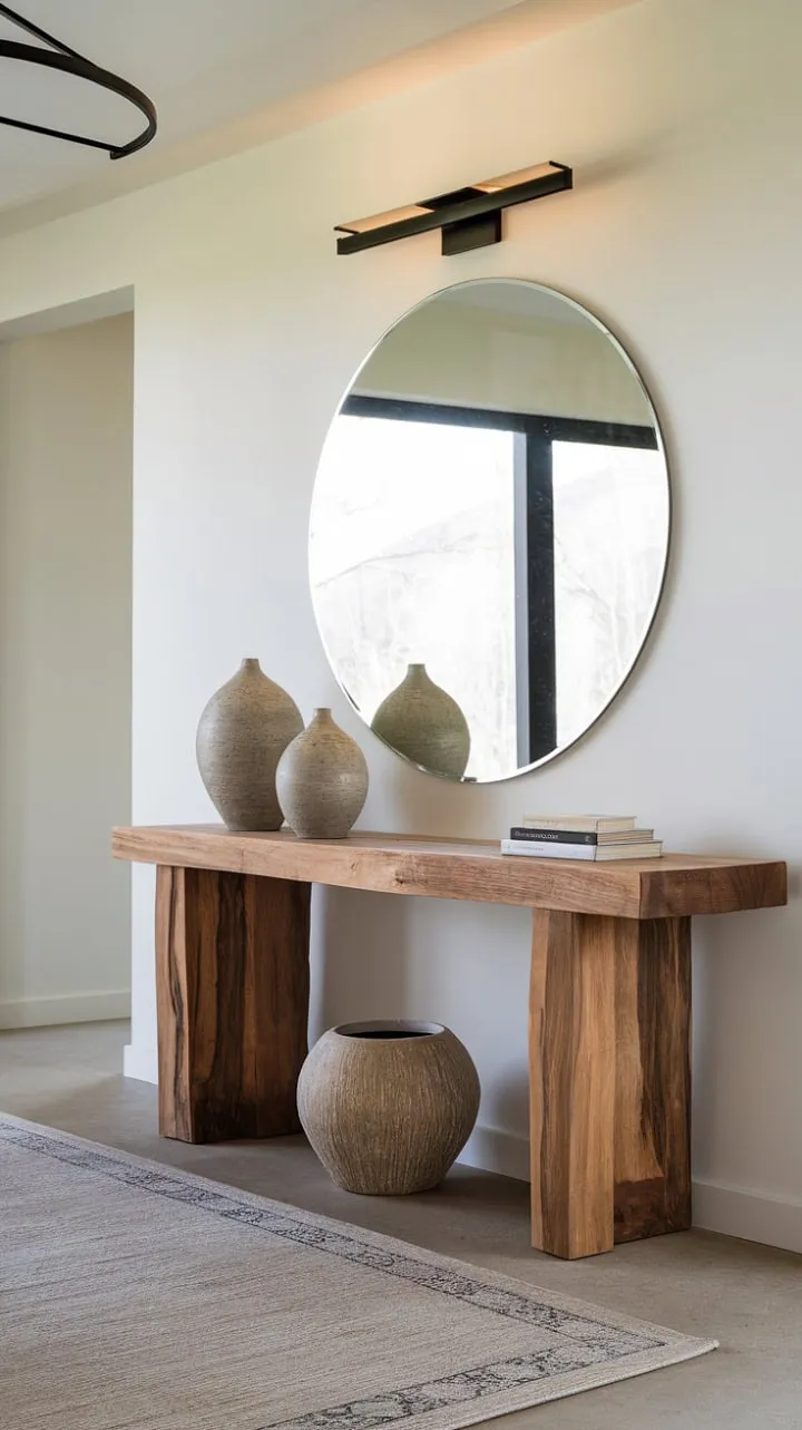 A softly lit, minimalist entryway features a wooden console table and a large round mirror, creating an inviting atmosphere that blends sophistication with warmth.