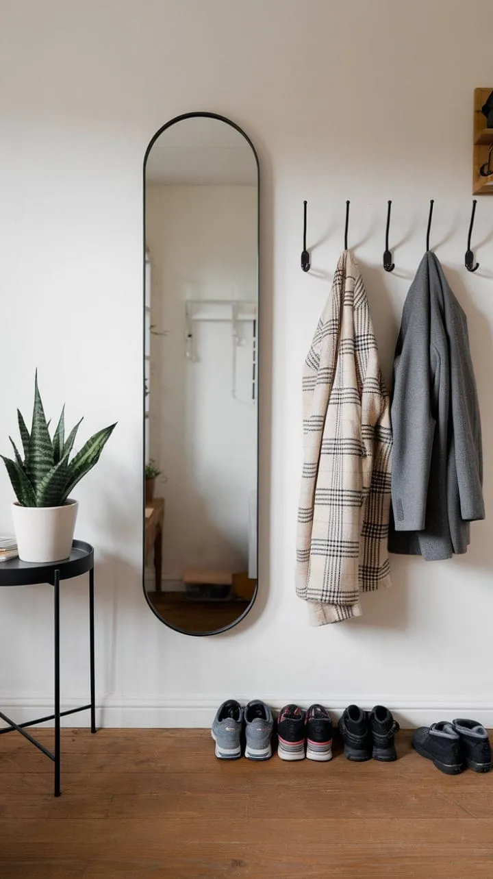 This inviting minimalist entryway blends warm wood floors and greenery with elegant details, creating a serene and functional space.