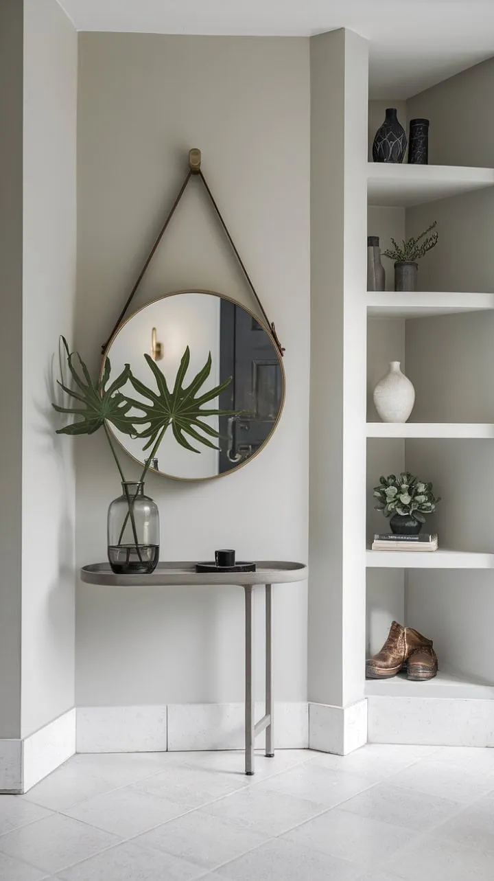 This elegant modern entryway combines simplicity and sophistication with a circular mirror, artfully arranged shelves, and a touch of greenery for a tranquil welcome home.