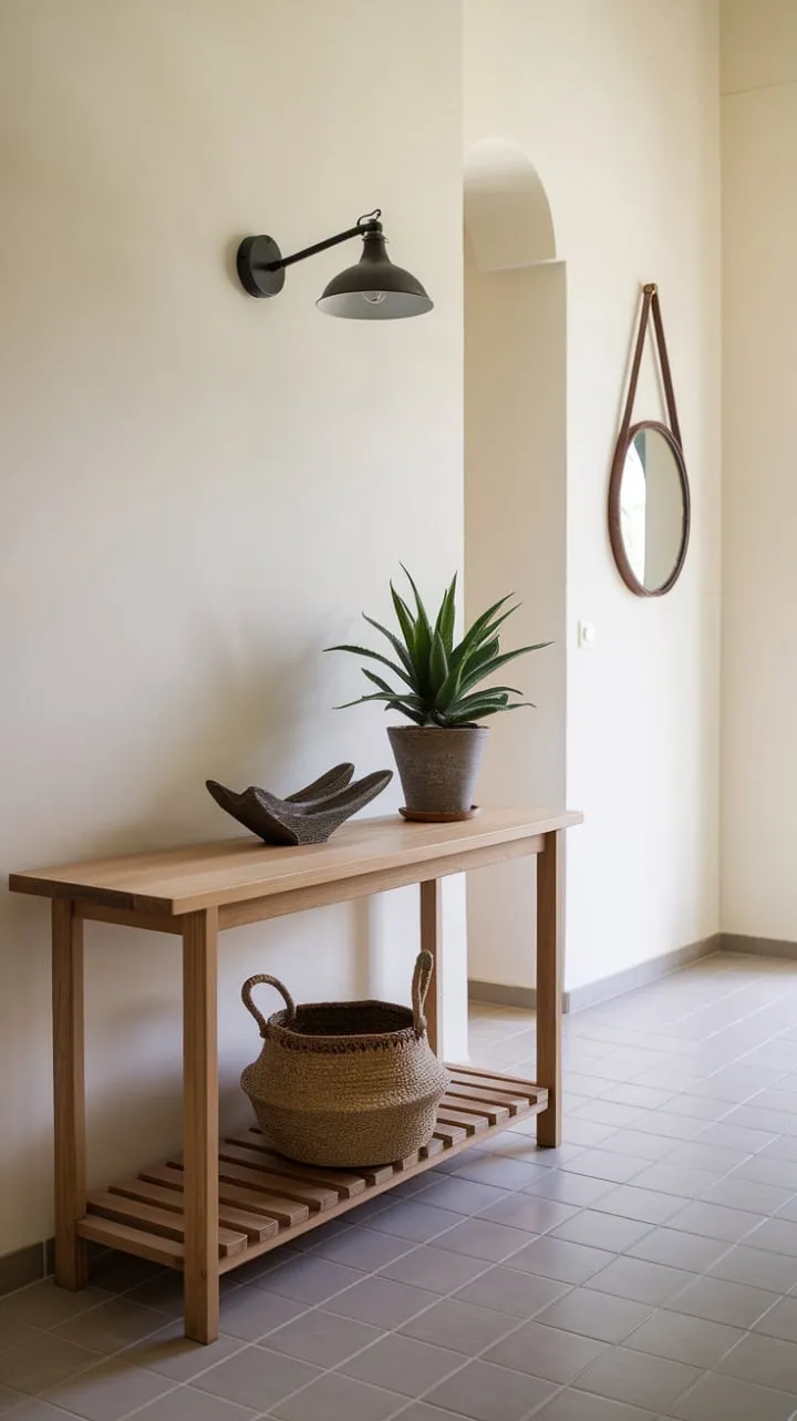 Sunlight dances through the entryway, highlighting a sleek console table and a lively potted plant, while a warm lamp casts a serene elegance over the minimalist design.