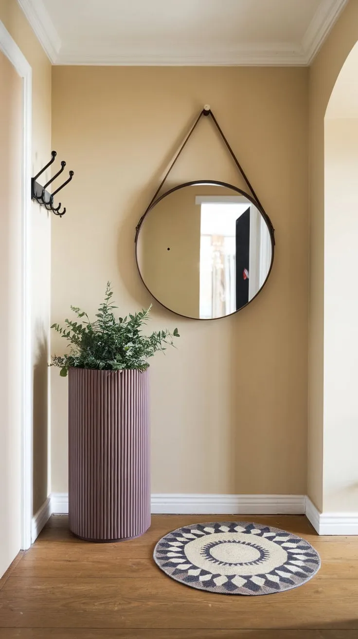 A modern entryway boasts a chic round mirror, geometric rug, and verdant planter against a calming beige backdrop