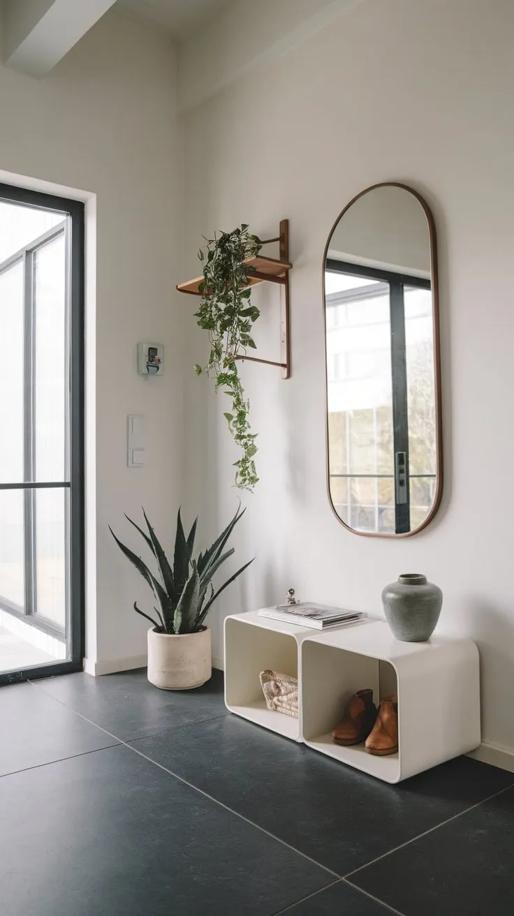 A stylish modern entryway boasts a calming atmosphere with a white wall, dark gray flooring, and carefully chosen accents.
