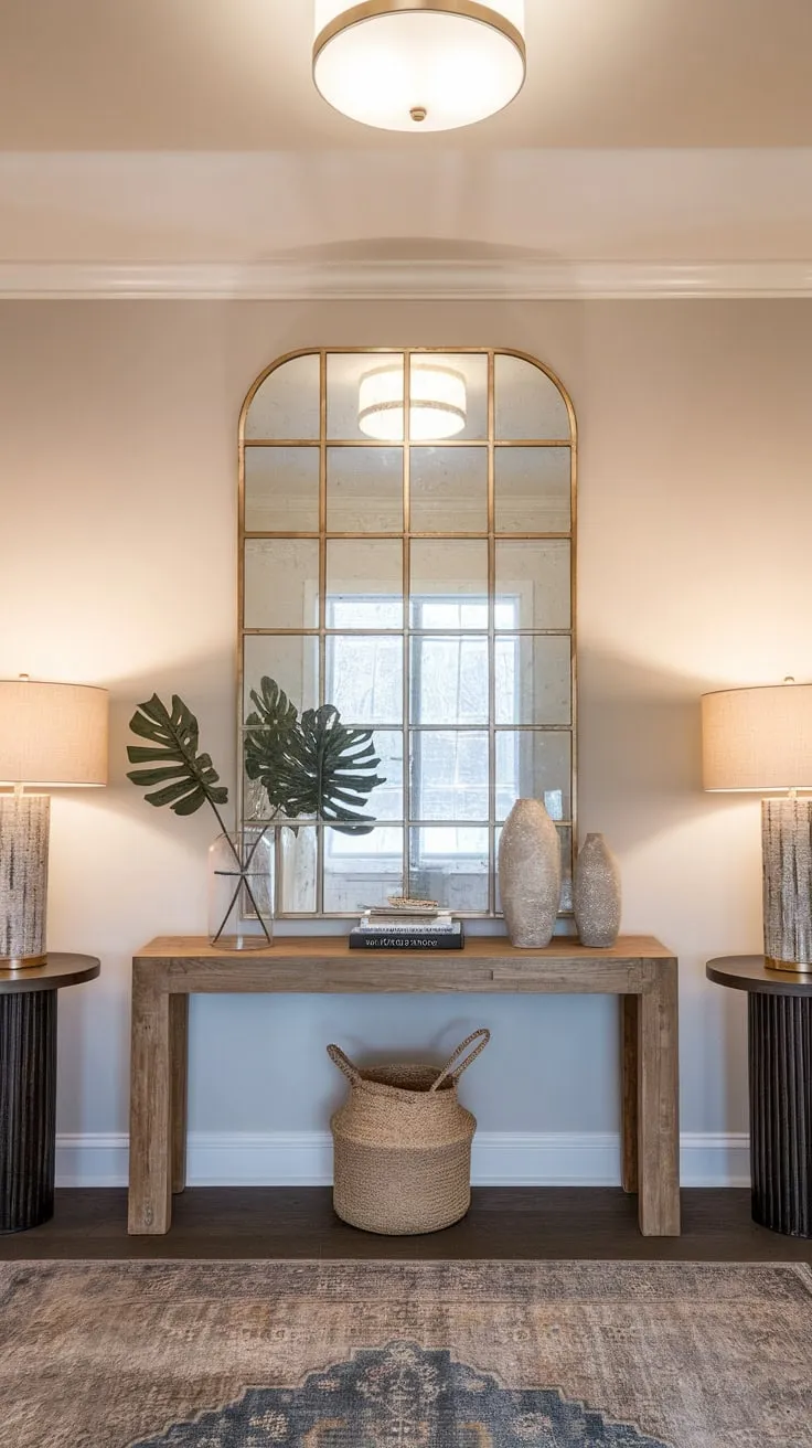 Warm wood and gleaming gold accents define this modern entryway's elegant and welcoming design.